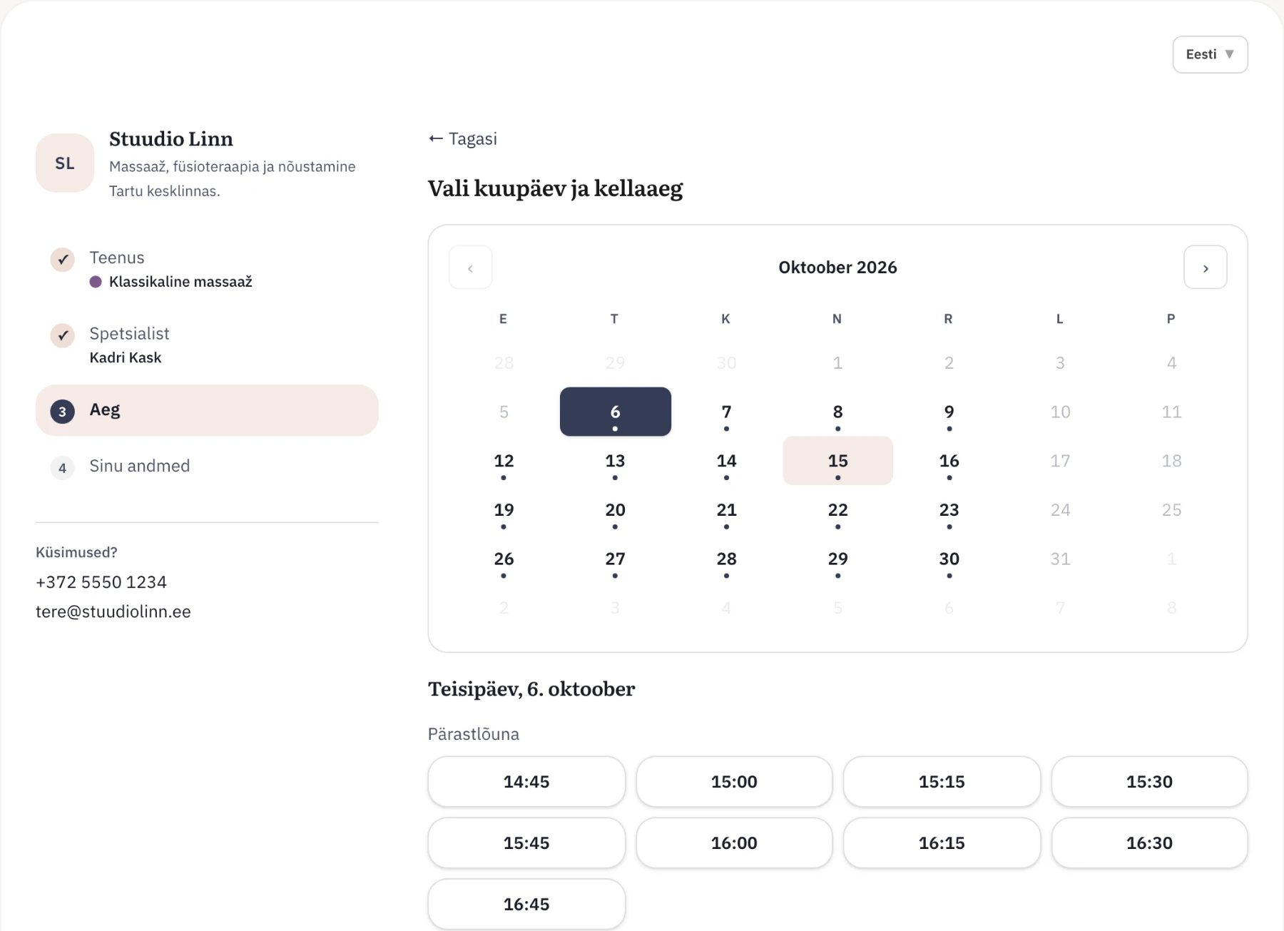 Broneerimisleht: kuu kalender vabade päevadega ja valitud teenus